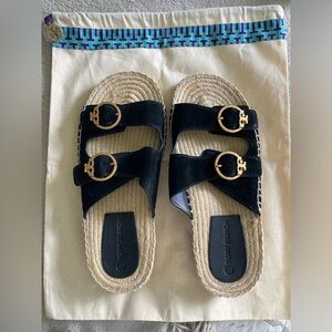 Tory Burch Sz 9 Selby Black Espadrille Sandals with Brushed Gold Buckles